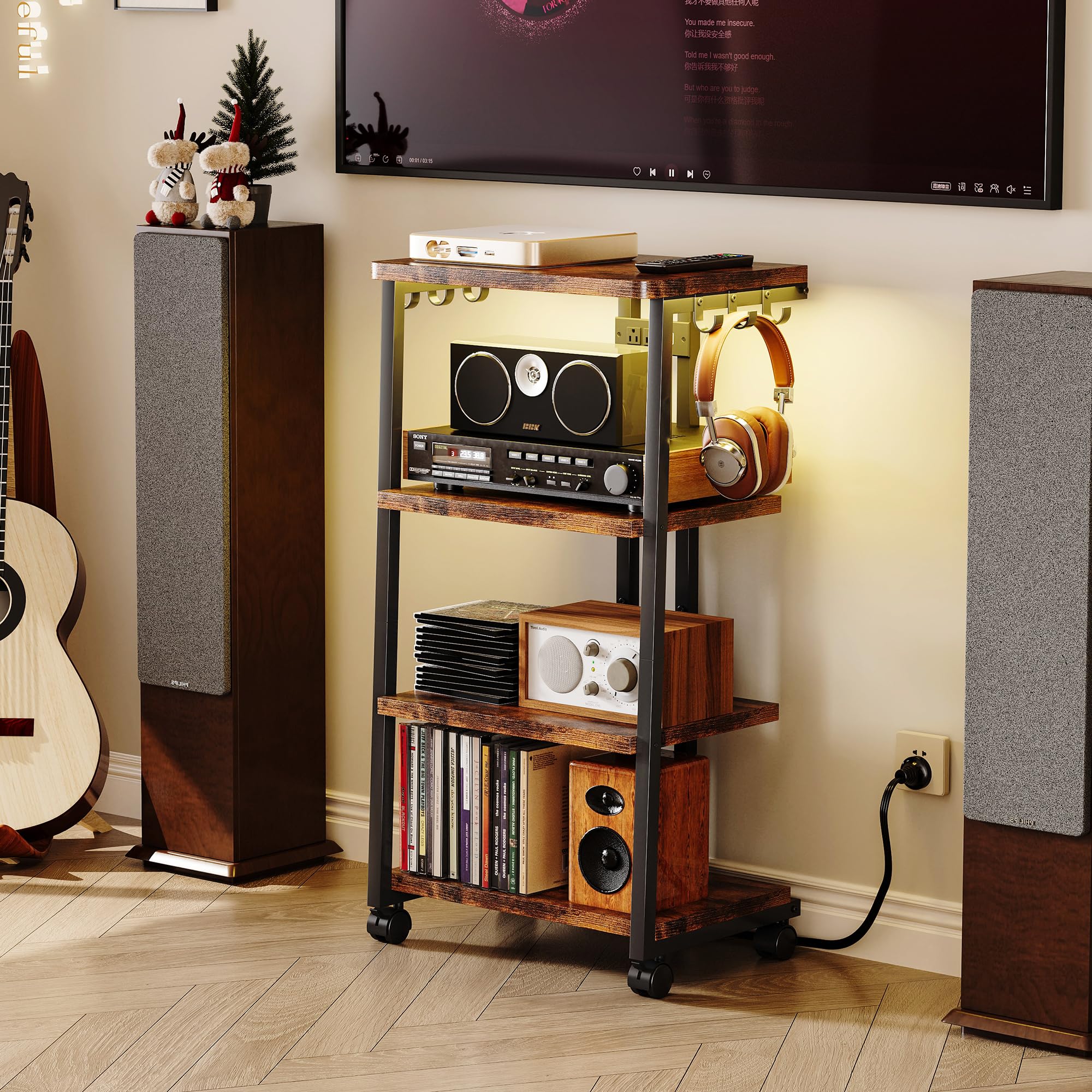 Homeiju Smart Media Console con luci RGB controllate da APP, centro di intrattenimento in legno per giochi e supporto TV, archiviazione per PS5/Xbox/Stereo e DVD Organizer