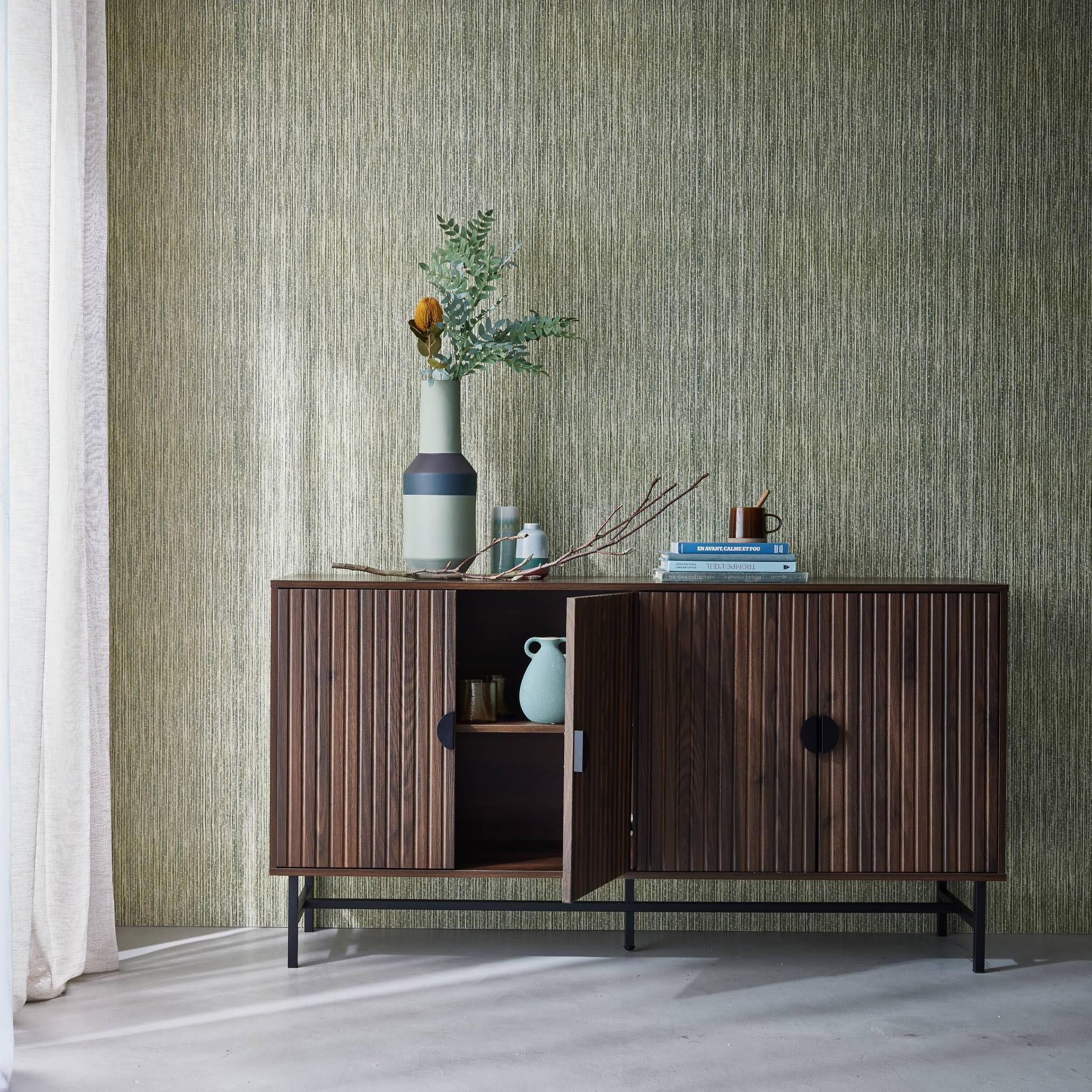 Alice's Garden sweeek - Buffet de Rangement Effet Bois foncé. Bazalt. Quatre Portes. Deux étagères. Buffet Haut. vaisselier. L 157.5 x l 39 x H 83cm