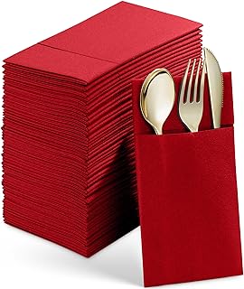 Disposable Linen-Feel Dinner Napkins With Built-in Flatware Pocket, 50-Pack RED Prefolded Cloth Like Paper Napkins For Wedding, Dinner Or Party