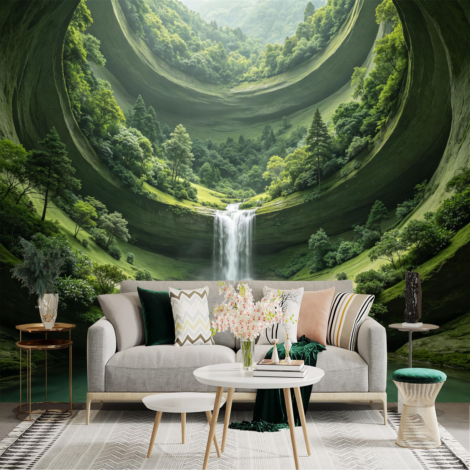 Lnzczhyre Dbh260521127 Custom Size Wall Sticker Mural， Enchanting Green Valley With Cascading Waterfall， Lush Forest Landscape， Serene Nature Scenery， For Wall Decoration， Peelandstick Wall Decals.