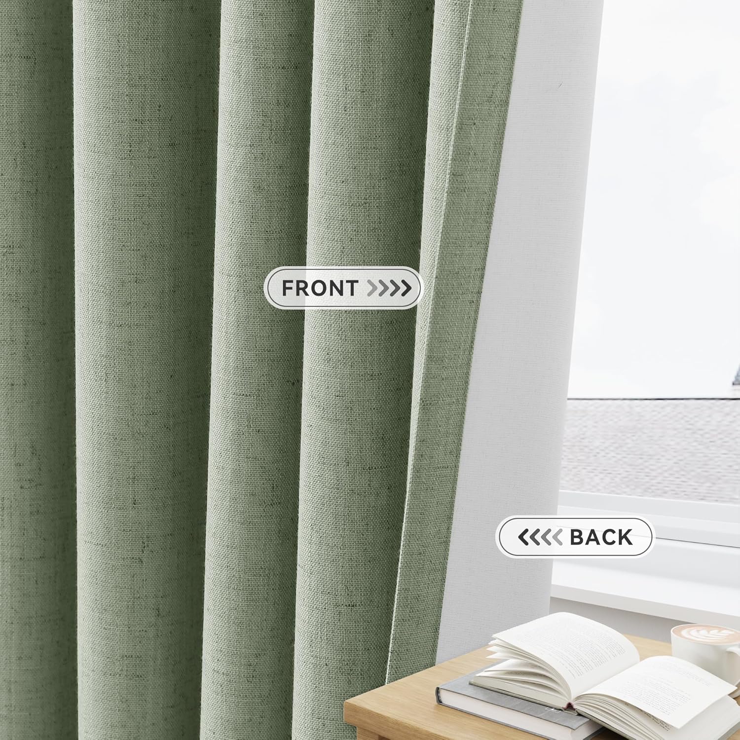 Sage Green Blackout Linen Curtains for Bedroom 90 Inches Long Back Tab Elegant Textured Thermal Insulated Black Out Room Divider Curtain for Living Room Sliding Doors 2 Panels Set 52x90