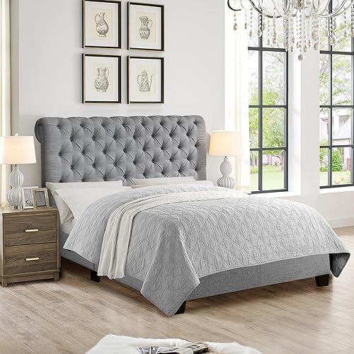 Miniatura 31 de Rosevera Gideon - Marco de cama tapizado de tela con cabecera ajustable, estilo Chesterfield, soporte de listones de madera, fácil montaje, tamaño