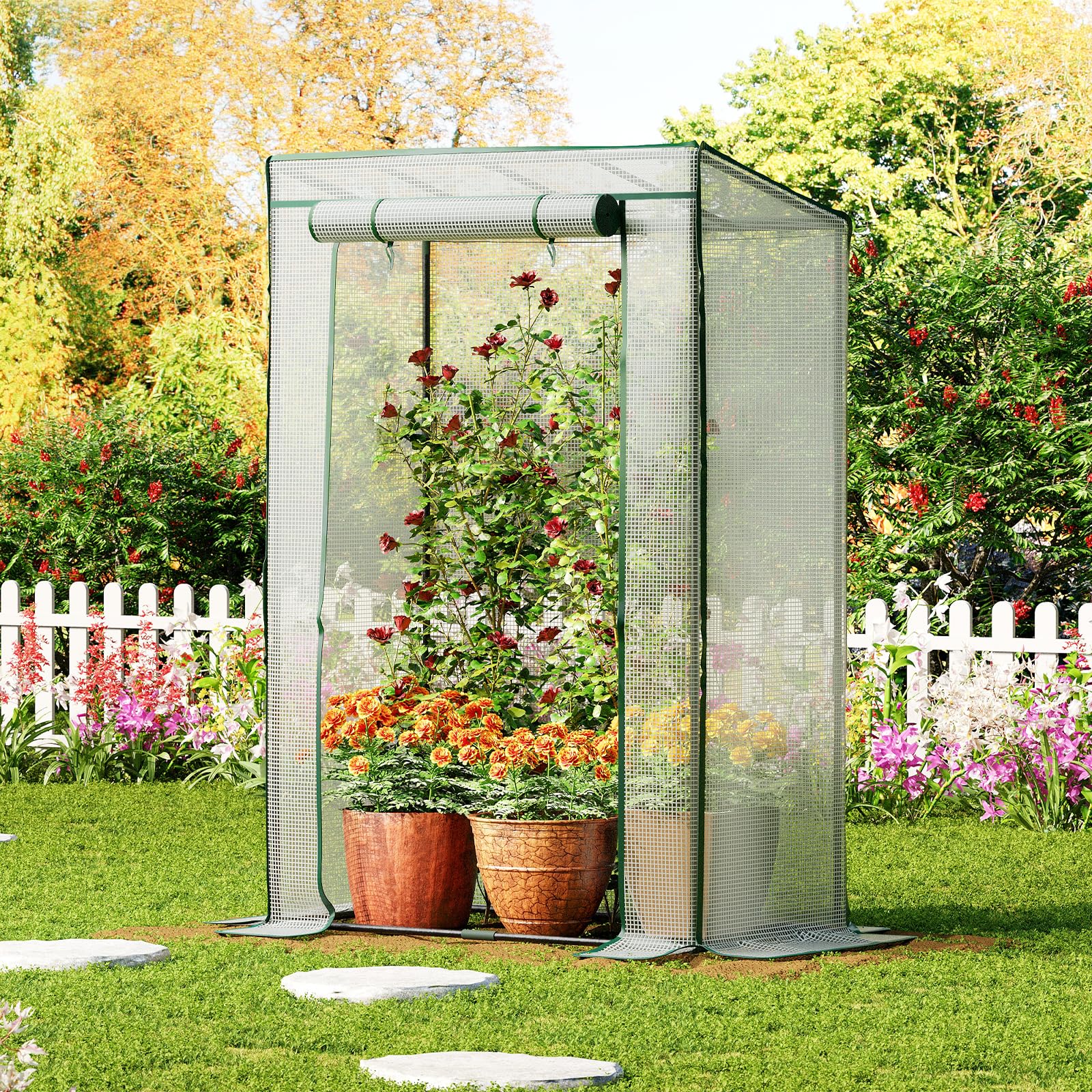 LARMNEE Serre de Jardin, Serre à Tomates, avec Barre de Renfort sur Le Toit Plat, Porte Enroulable, Abri Potager pour Plantes, Anti-Accumulation de Pluie, 100 x 50 x 150 cm, Blanc EWT15GH02G1