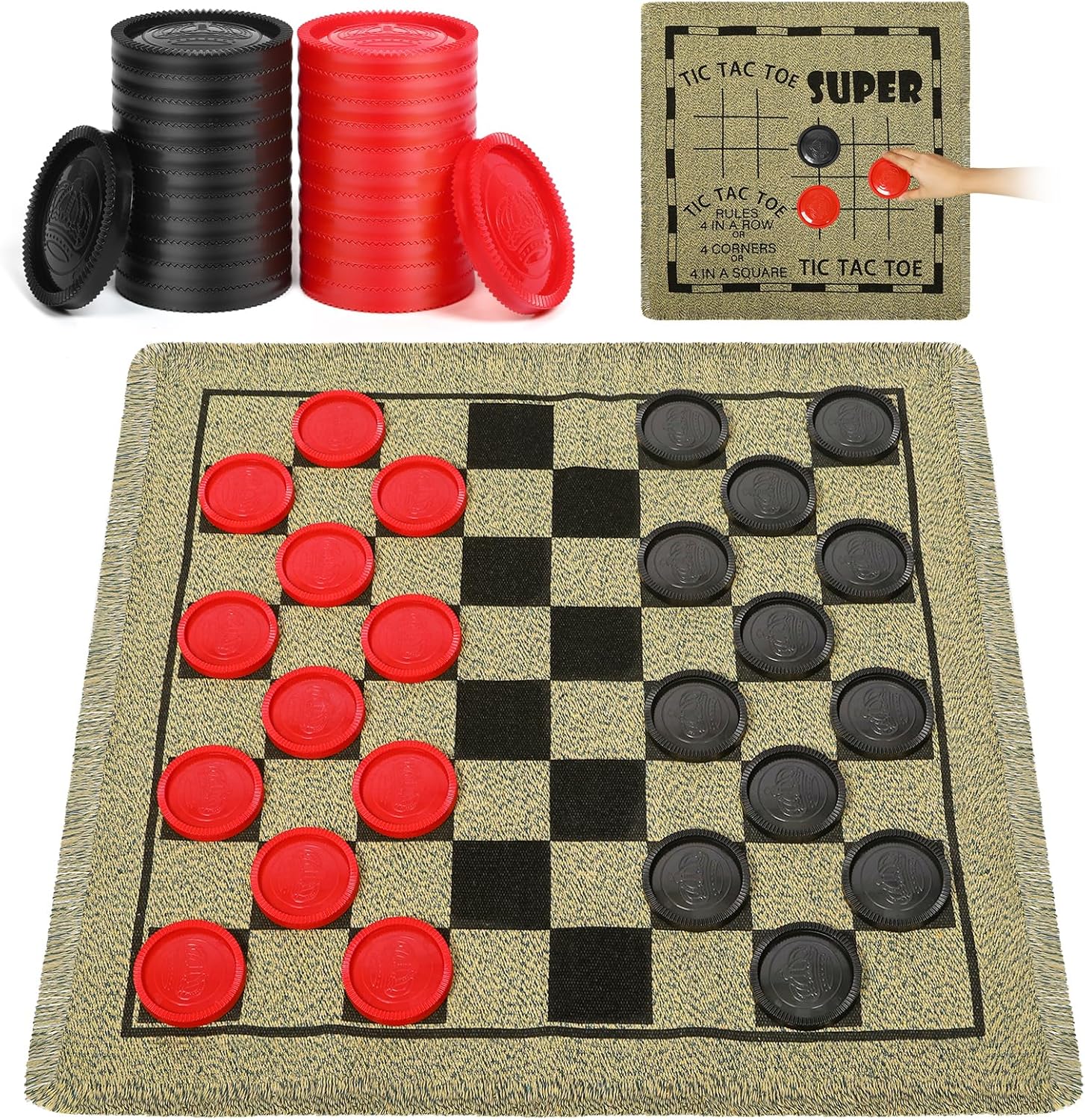 Giant Checkers Game Set – 3-in-1 Reversible Carpet for Kids & Adults – Oversized Indoor/Outdoor Mat for Family Fun & Parties
