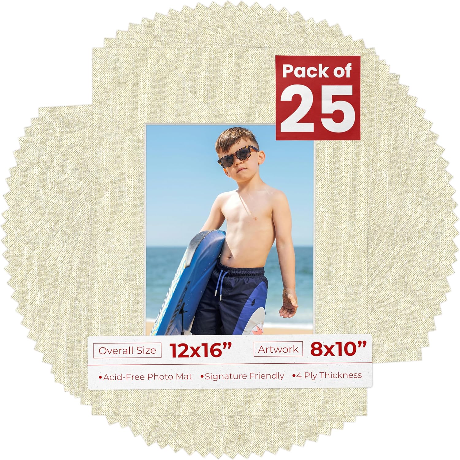 Pack of 25 Acid Free 12x16 Mats Bevel Cut for 8x10 Photos - Fresh Linen Canvas Precut Matboards With Backing Boards and Clear Photo Mat Bags For Pictures, Photos, Framing - 4-ply Thickness