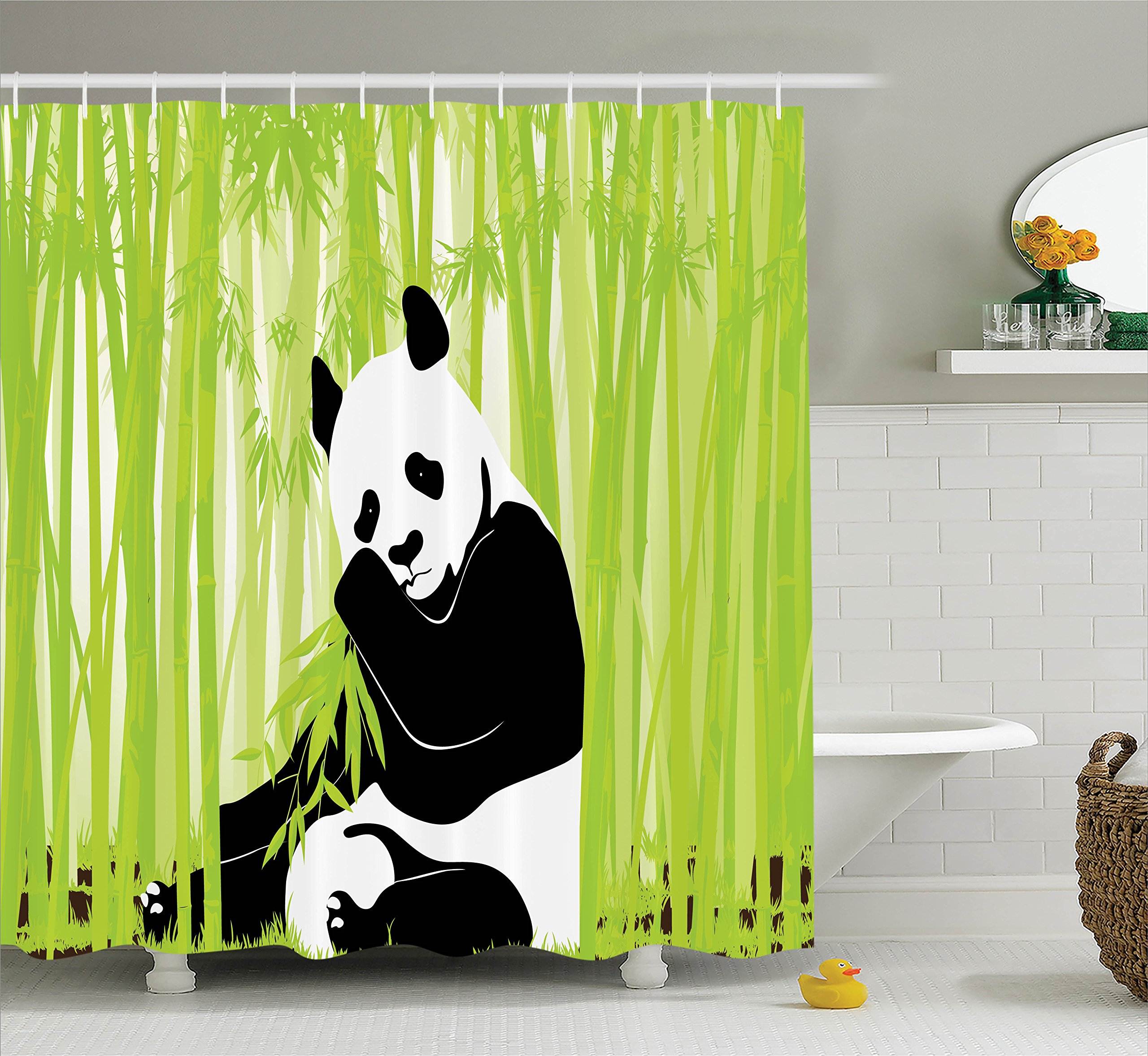 Ambesonne Panda Shower Curtain, Panda Bear in Bamboo Forest Jungle Oriental Nature Wildlife Tropic Cartoon Art, Cloth Fabric Bathroom Decor Set with Hooks, 70" Long, Lime Black