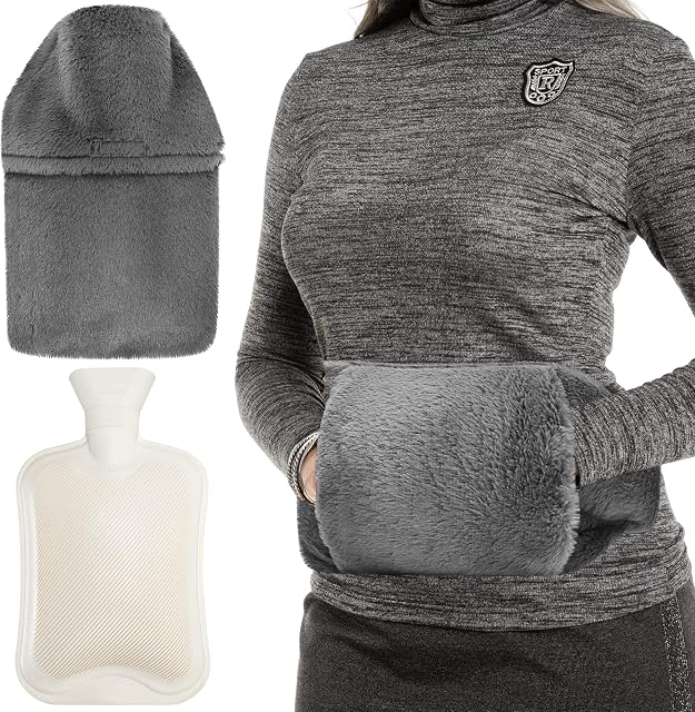 Hot Water Bottle with Cover, 2L Large Hot Water Bottle Bag with Hand Pocket Warmer Soft Fleece Cover, Rubber Hot Water Bottle with Grey Cover for Back Neck Shoulder and Period Pain Relief, Grey