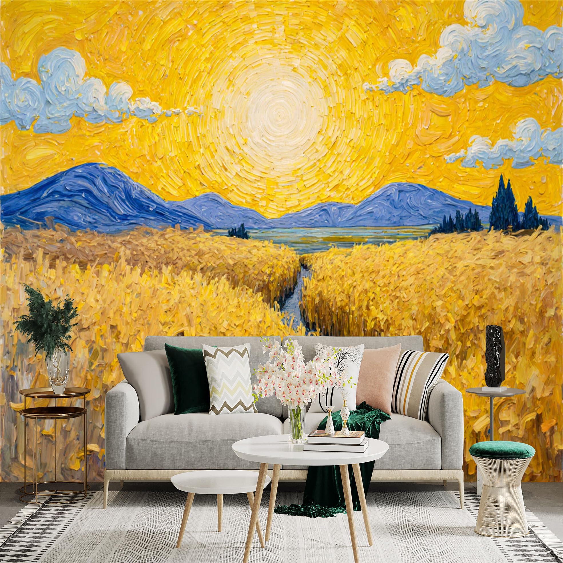 Custom Size Wall Sticker Mural， Golden Wheat Field with Blue Mountains and Bright Sun， for wall Decoration， peelandstick wall Decals.