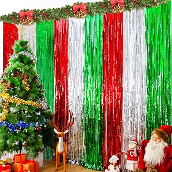 Lansian 3 Pack Christmas Foil Fringe Curtains Party Decoration Tinsel Photo Backdrop, 3.2 x 8.2 ft Red Silver Green Photobooth Props Background for Xmas New Year Party Door Fringe Decorations