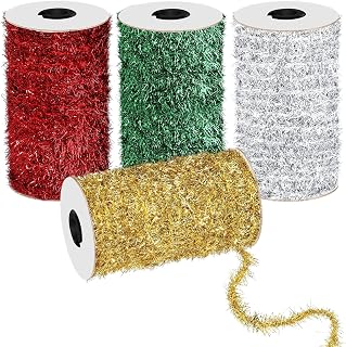 Tigeen 4 Rolls 50 Yard Christmas Tinsel Garland Christmas Ribbon 50 Yard Glitter Metallic Tinsel Garland for Christmas Tree Decorations Wedding Birthday Party Supplies 4 Colors