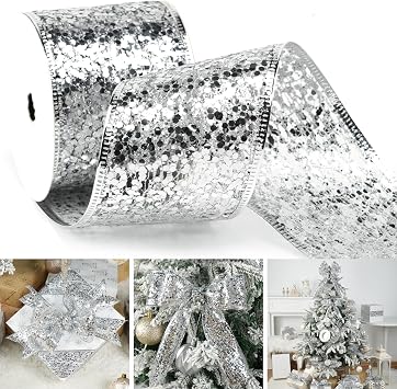 MAYREEL Silver Sequin Glitter Mesh Wired Ribbon 2.5 Inch 10 Yards