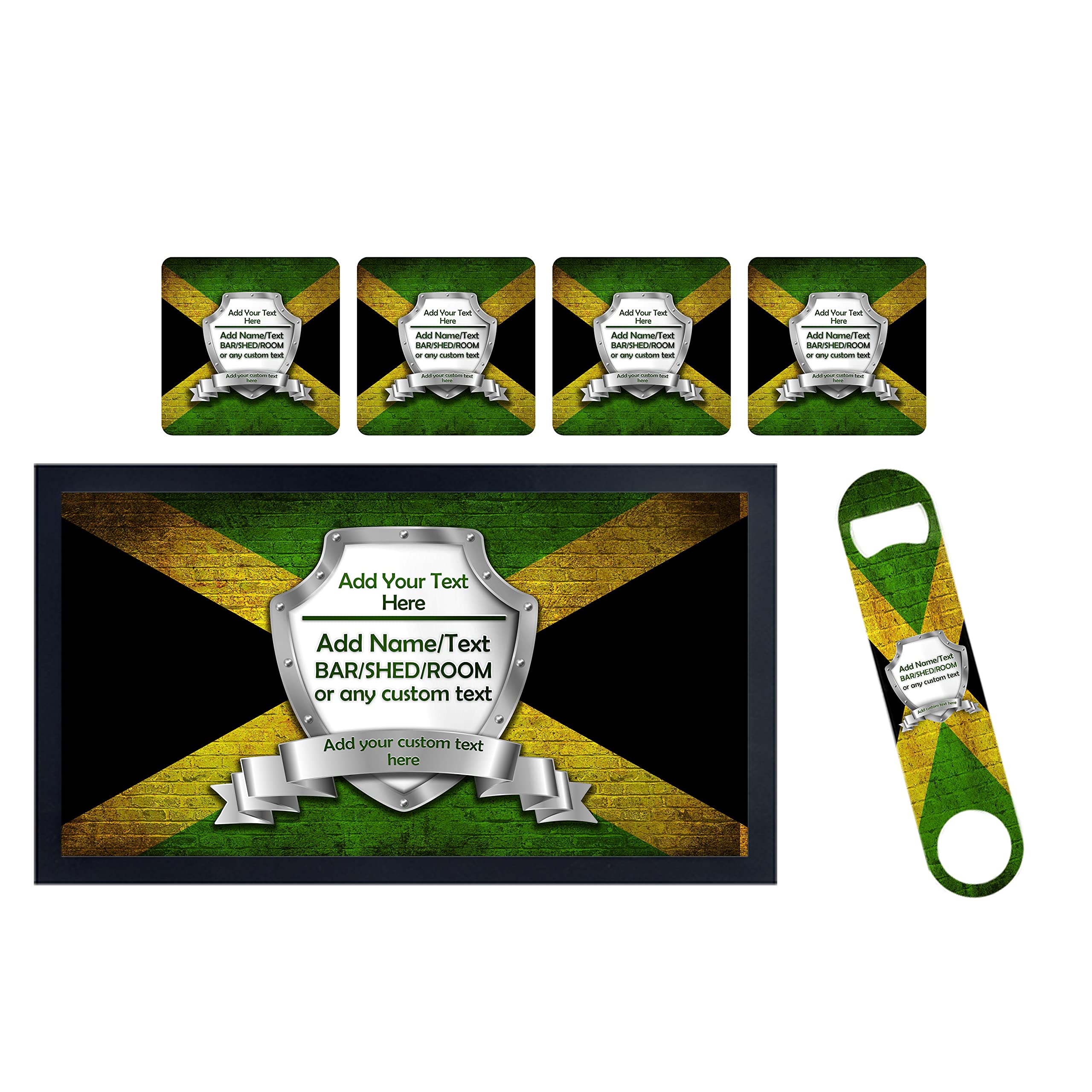 ShopQuality4U Personalise Jamaican Bar Set - Bar Runner, Table Coasters, Bottle opener - Jamaica Shield Flag Themed