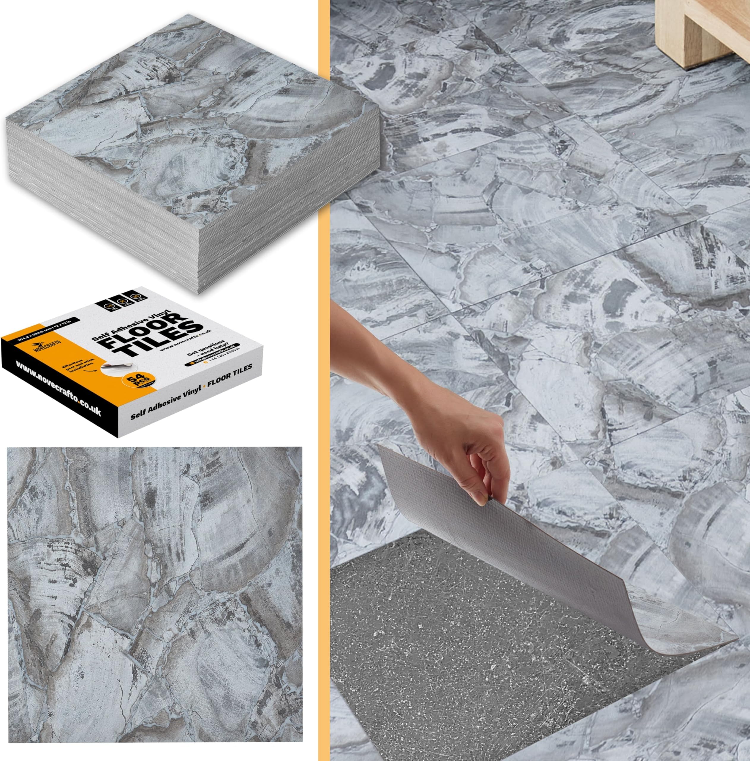 Vinyl Floor Tiles Self Adhesive - 50 Pack / 50sqf (4.65 sqm) Vinyl Flooring Peel And Stick Floor Tile - 12x12 inch (30.5x30.5cm) - For Kitchen, Living Room and Bathroom - Charcoal Marble Flow