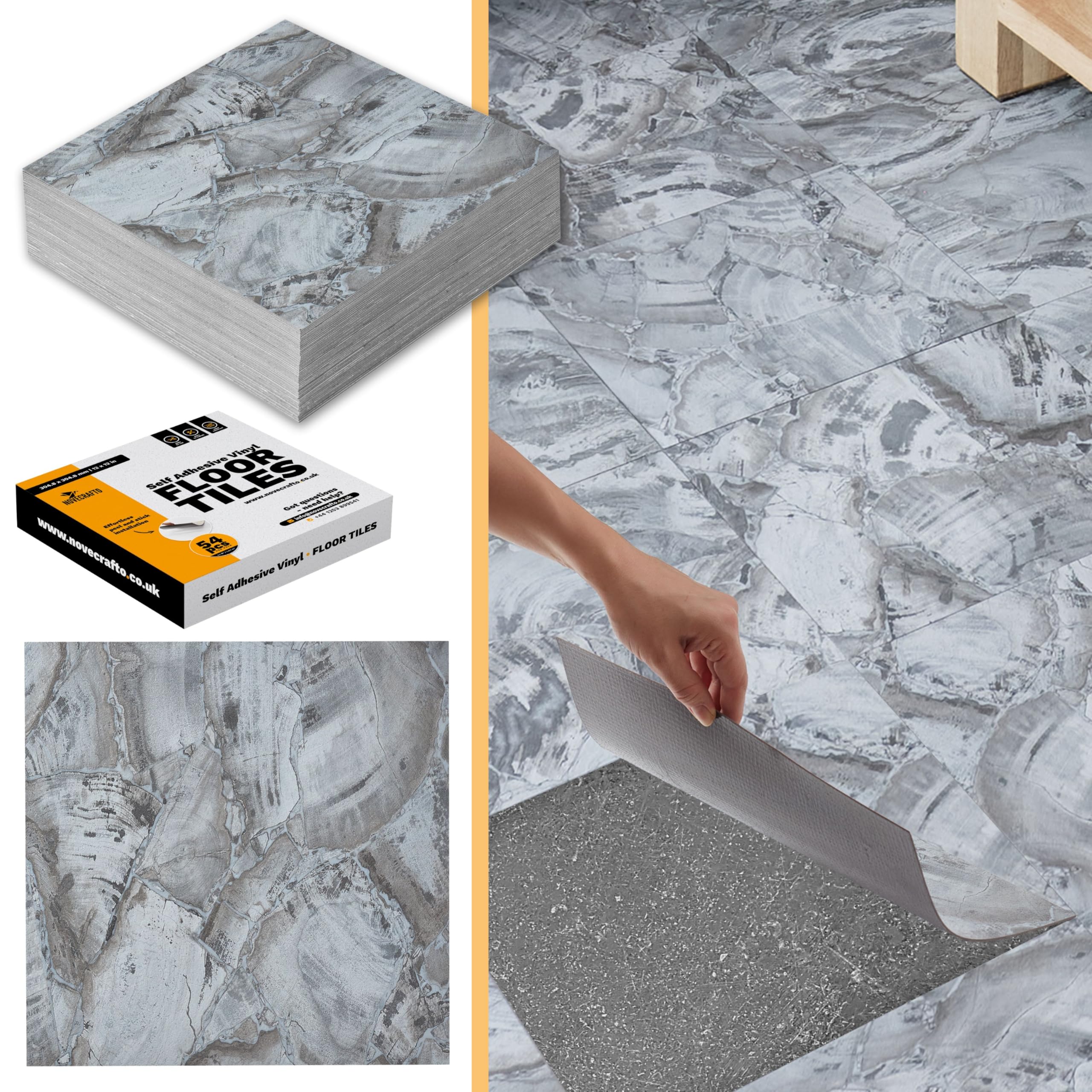Vinyl Floor Tiles Self Adhesive - 40 Pack / 40sqf (3.72 sqm) Vinyl Flooring Peel And Stick Floor Tile - 12x12 inch (30.5x30.5cm) - For Kitchen, Living Room and Bathroom - Charcoal Marble Flow