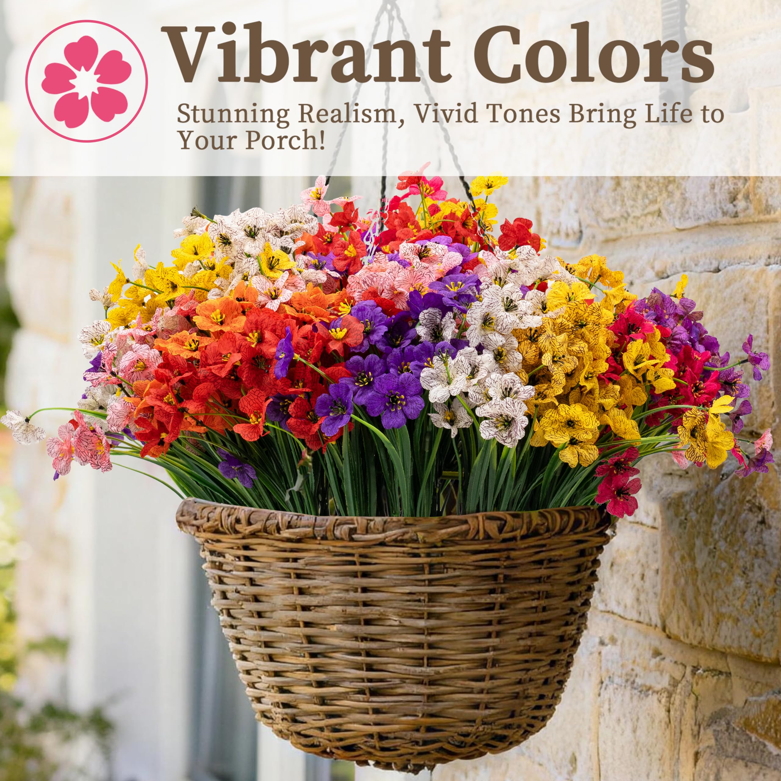 Künstliche Blumen für drinnen und draußen, für drinnen und draußen, Garten, Veranda, Fensterkasten, Zuhause, Hochzeit, Bauernhaus, 24 Bündel (8 Farben)