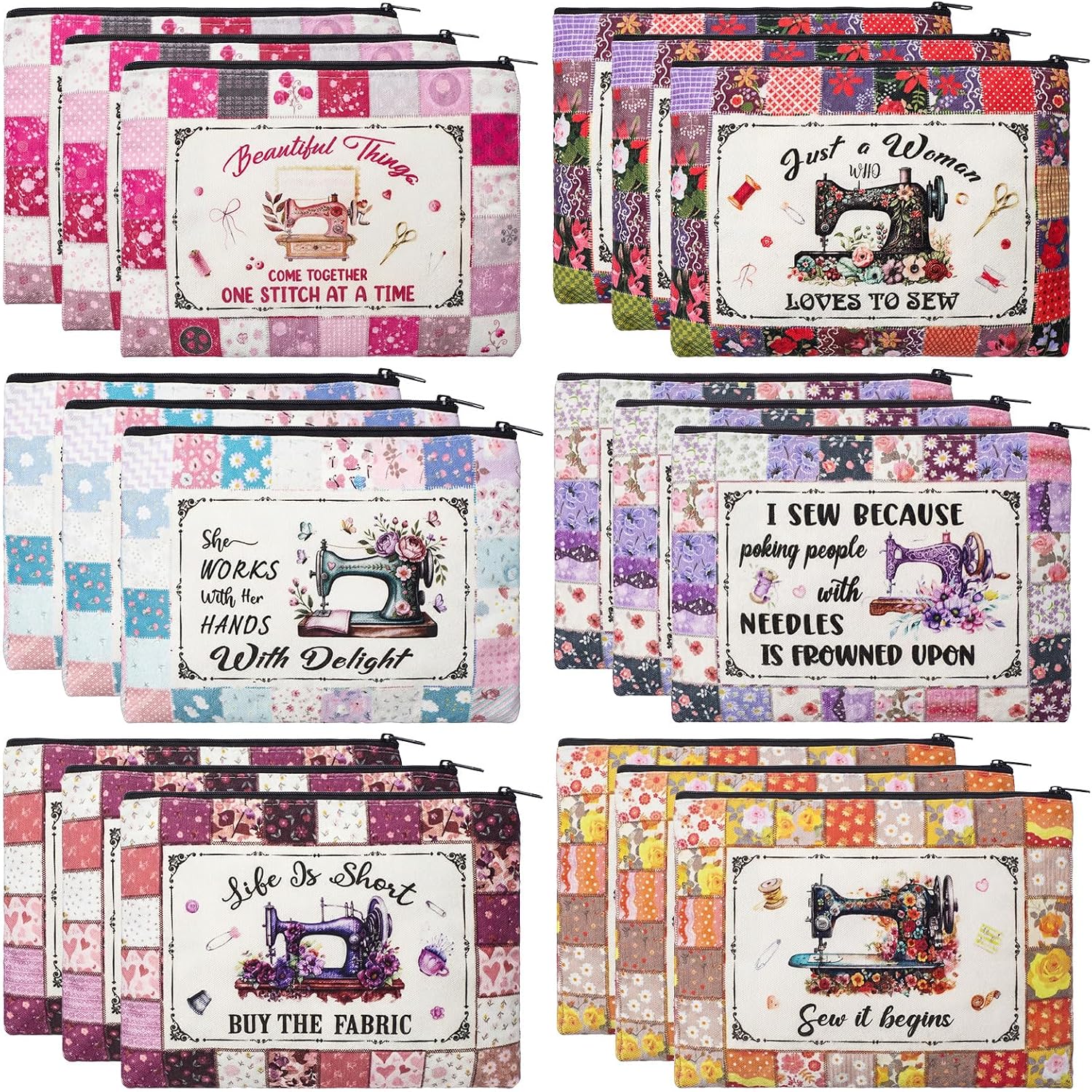 Kacctyen 18 Pcs Vintage Flower Sewing Makeup Bag Sewing Gifts for Quilters Quilt Cosmetic Travel Bags Organizer Zipper Pouch for Women Quilting Gifts
