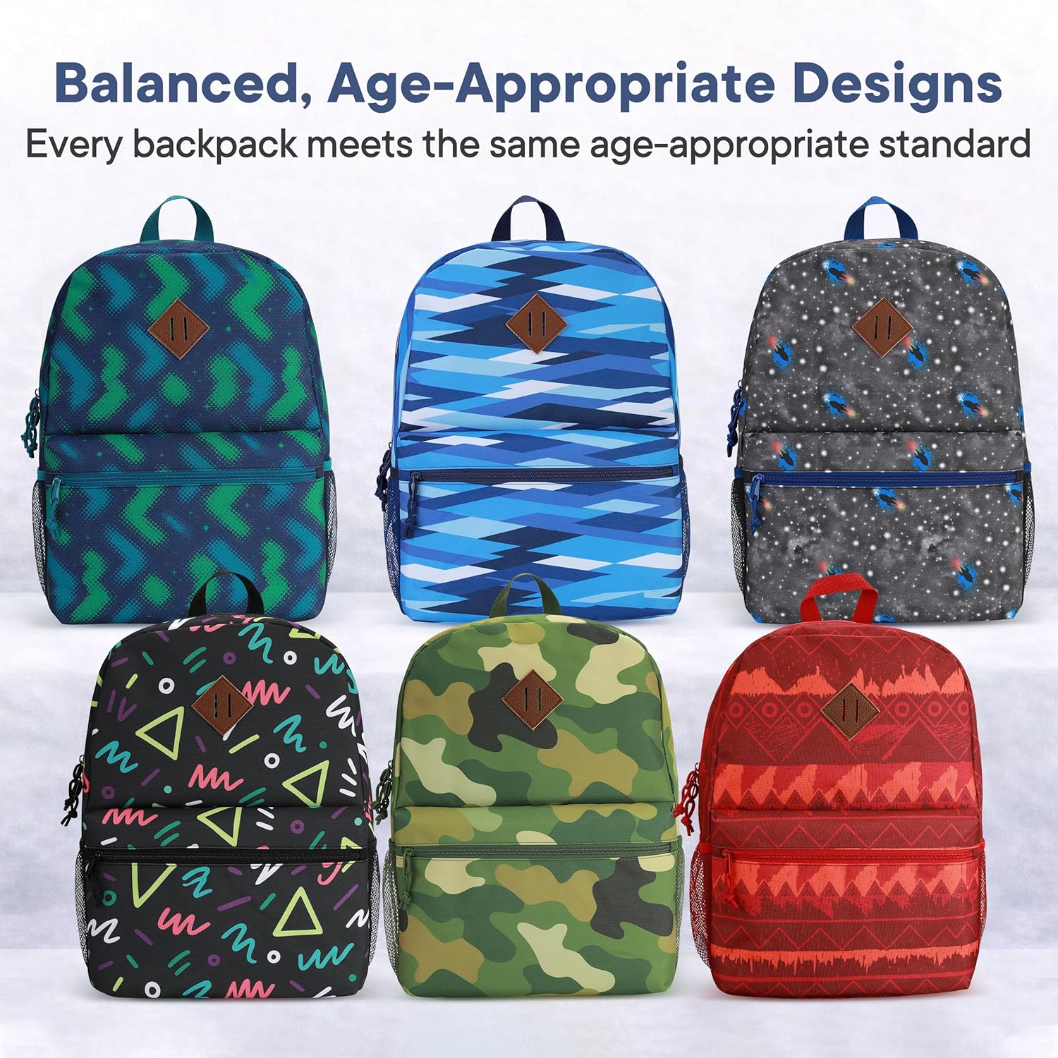 12-Pack 17" Bulk Backpacks for Middle School Students, Bookbags in 6 Assorted Prints, Durable School Backpacks for School Drives, Donations, and Giveaways