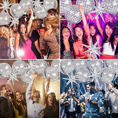 Miniatura 7 de 8 globos plateados de 22 pulgadas, globos de aluminio grandes 4D con estrella metálica para discoteca de los años 70, fiesta de cumpleaños,