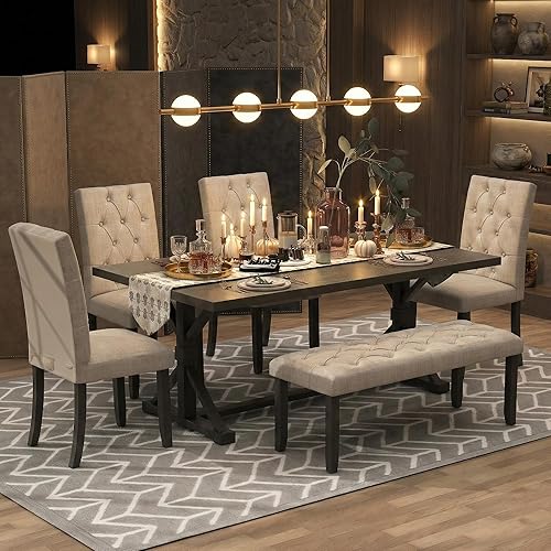 Mirightone 6-Piece Farmhouse Dining Table Set for 6 Rectangular Table Set with 4 Upholstered Chairs and Bench, Solid Wood Dining Table Set for Kitchen, Dining Room (Grey)