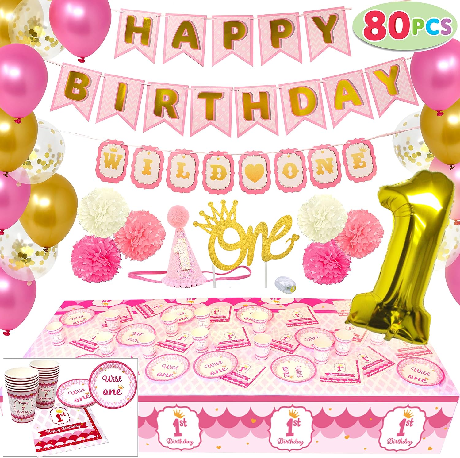 JOYIN 1st Girl Birthday Supplies Decoration Wild Set (Happy Banners, Hat, Foil Balloon Confetti Balloon, Cake Topper, Plates, Cups, Napkins, Tableware, Pom-poms Balls) for One Baby First Bday Party.