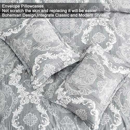 Miniatura 6 de Juego de edredón gris tamaño Queen, textura de damasco, 7 piezas, ropa de cama gris en una bolsa, edredón bohemio de microfibra suave con edredón,