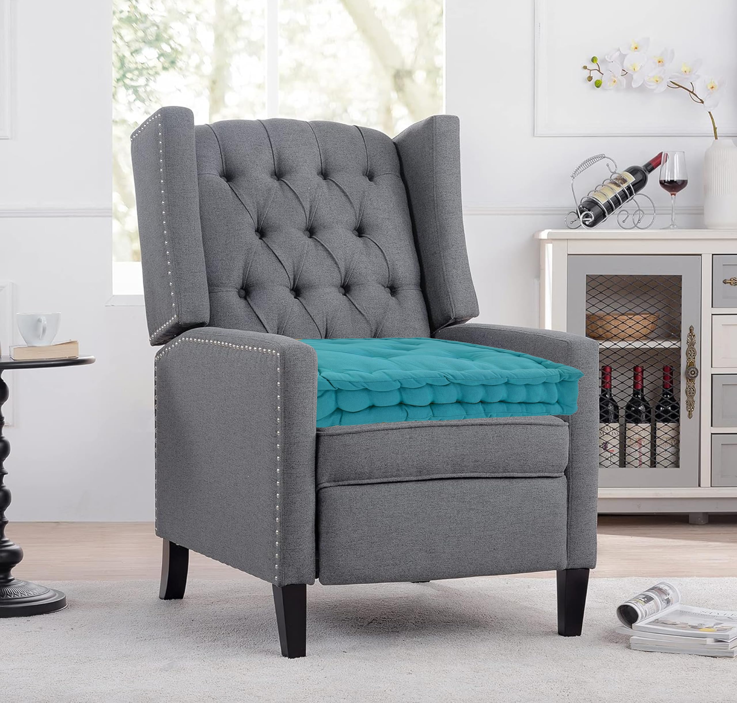 Booster Cushion Seat Pad 100% Cotton Filling Cushion Thick Seat Pads Adults Chair Armchair Garden Teal 45cm x 45cm + 10cm Thickness Approximate