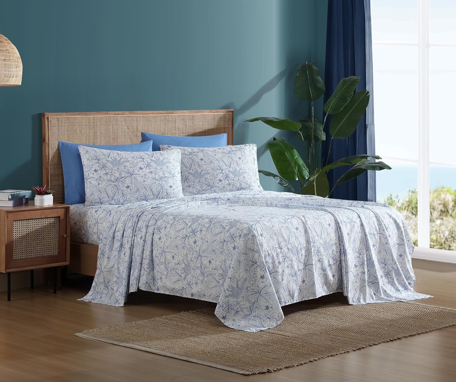Caribbean Joe 6-Piece Sheet Set with Cooling Pillowcases, 12-inch Deep Pockets, Tropical Beach Coastal Design, Queen, Tropical Toile Blue