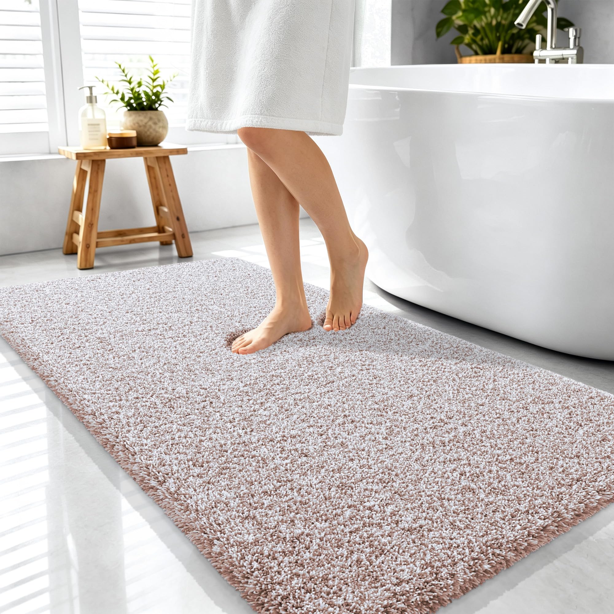 OLANLY Microfiber Bath Rugs - Deep Rose & White -13