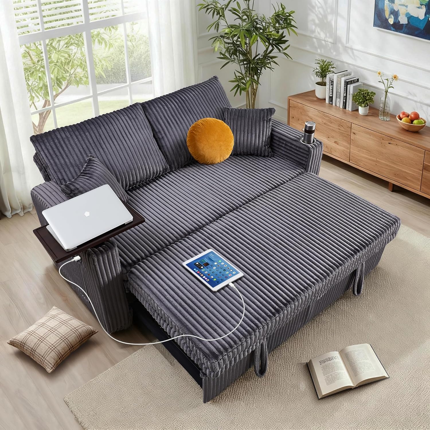 65in Sleeper Sofa Bed, Convertible Pull Out Couch with Small Table| USB Port | Cup Holder | Corduroy Fabric | Adjustable Backrest for Apartment, Office, Bedroom, Guest Room (AshGrey)