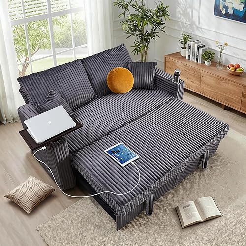 65in Sleeper Sofa Bed, Convertible Pull Out Couch with Small Table| USB Port | Cup Holder | Corduroy Fabric | Adjustable Backrest for Apartment, Office, Bedroom, Guest Room (Darkgrey)