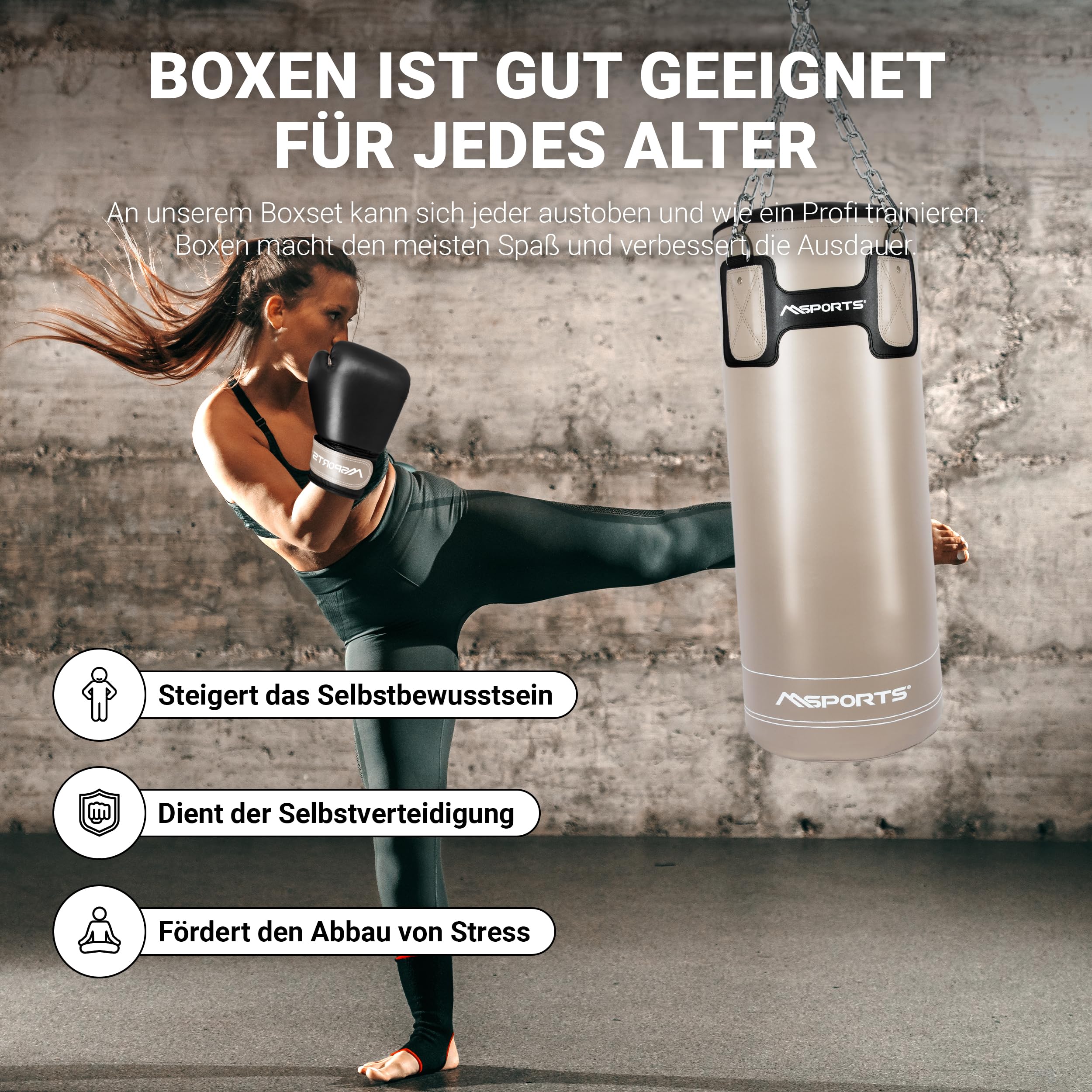 MSPORTS Punch Bag Set Premium 80 × 30 cm – Sac de frappe 25 kg + gants de boxe & bandages – Entraînement de boxe, kickboxing et fitness à la maison ou en studio
