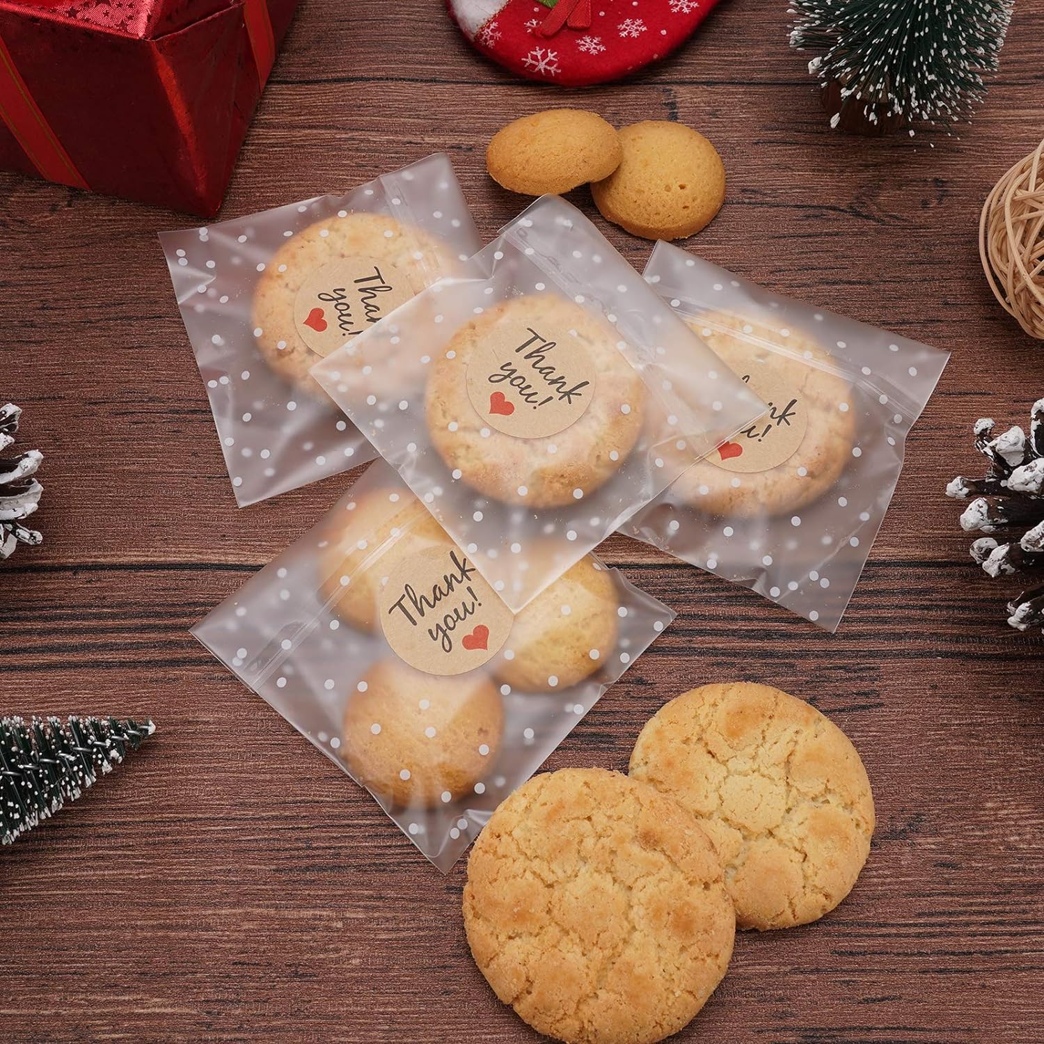 FLYTT Self Adhesive Cookie Bags, White Polka Dot Individual Resealable Cellophane Treat Bags with Thank You Stickers for Gift Giving (5.5''x5.5'', 100 Pcs)