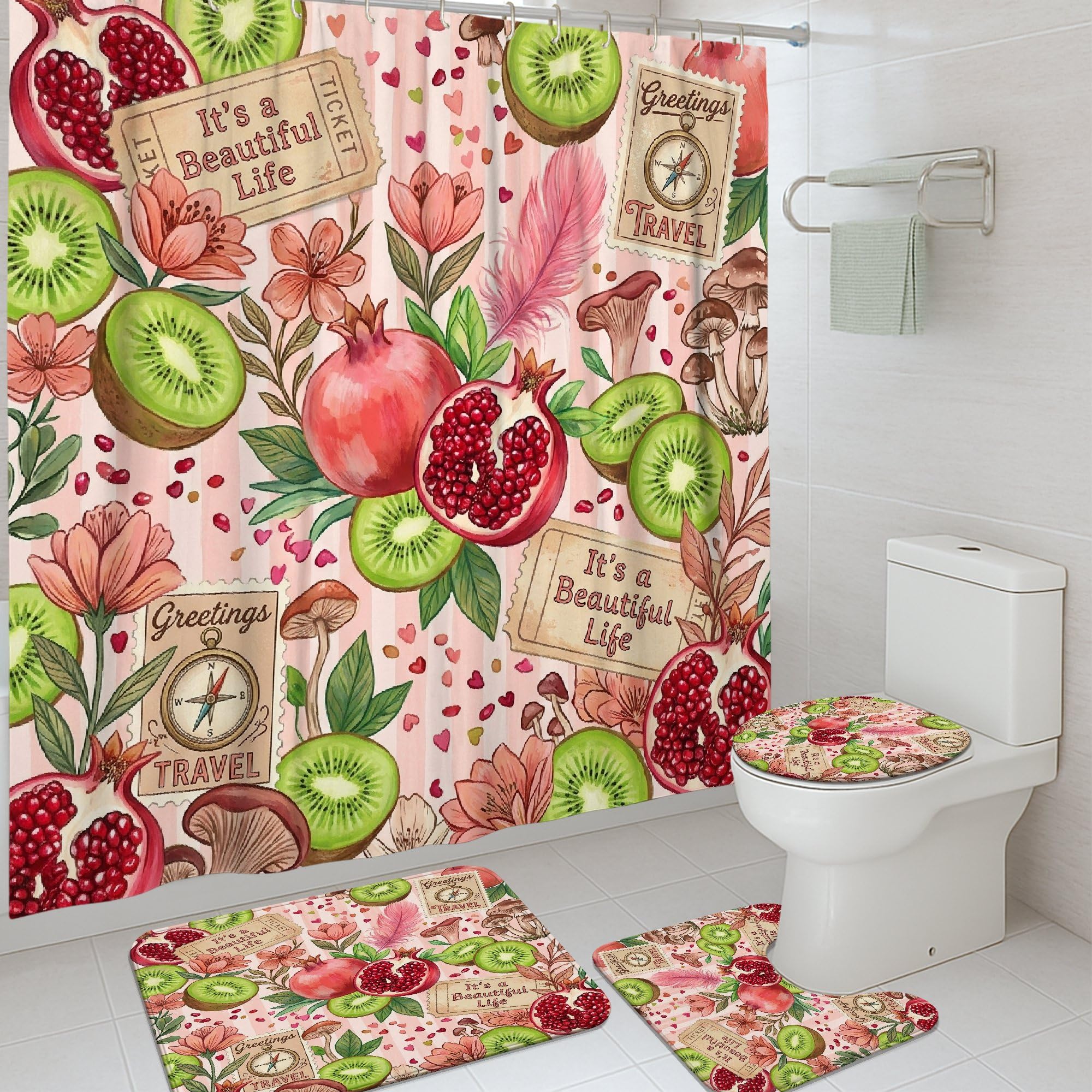 Rideau de douche et tapis grenade kiwi 183x183 cm