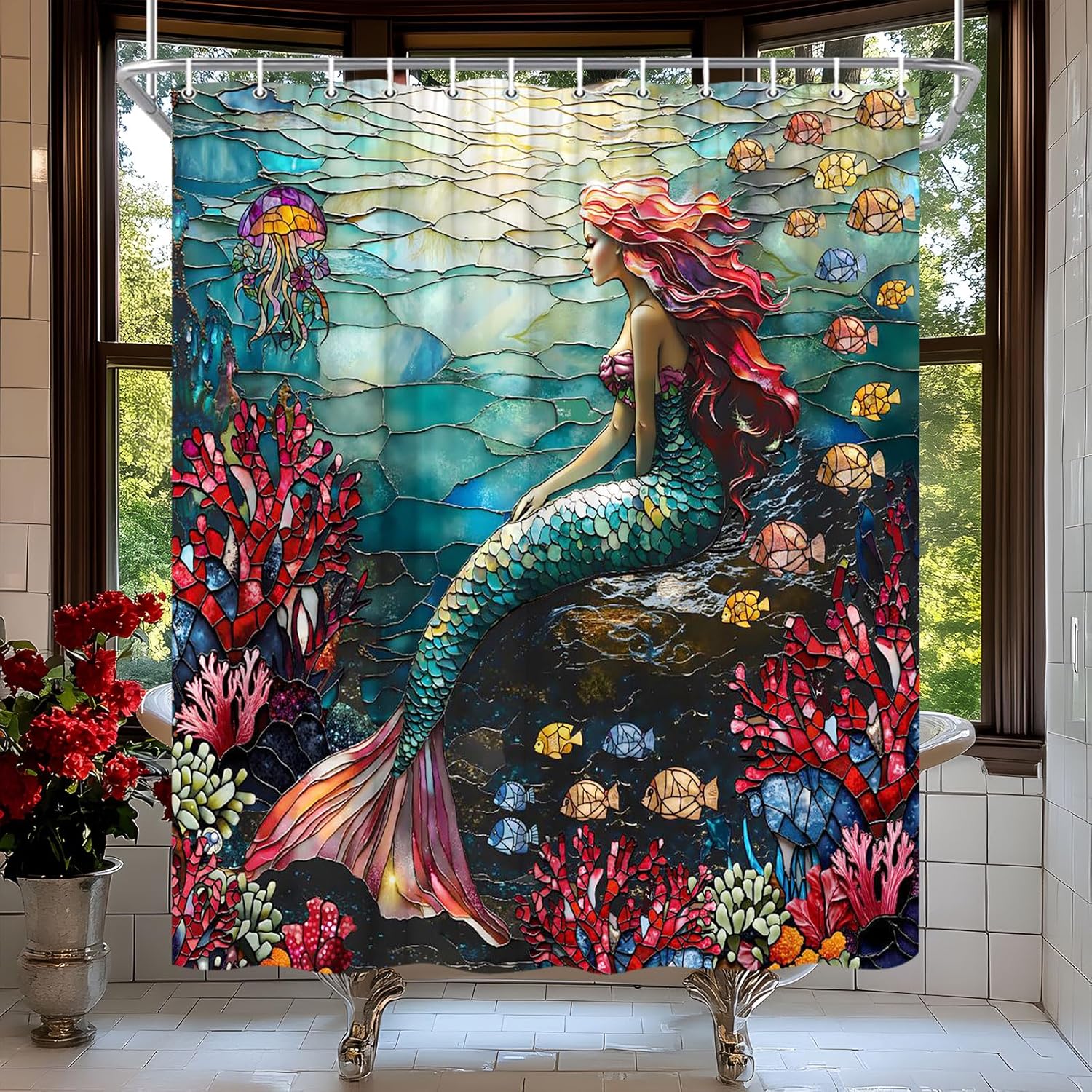 Nautical Mermaid Shower Curtain Stained Glass Underwater Ocean Coastal Tropical Fish Coral Shell Jellyfish Abstract Marine Life Bath Curtain Fabric Bathroom Accessories Decor with Hooks 90W x70L