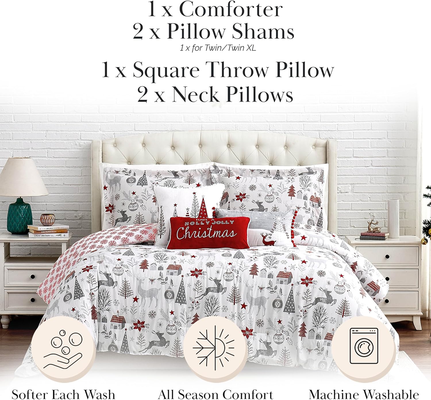 Southshore Fine Living, Inc. 5-Piece Oversized Christmas Comforter Set Twin XL, Reversible Twin Christmas Bedding, Holiday Bedding, 1 Sham, 2 Throw Pillows, 1 Throw Pillow Cover - Holly Jolly