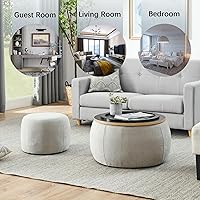 Vista 7 de Juego de 2 piezas de otomano redondo de chenilla para almacenamiento, equipado con un taburete pequeño en forma de tambor, espacio de almacenamiento