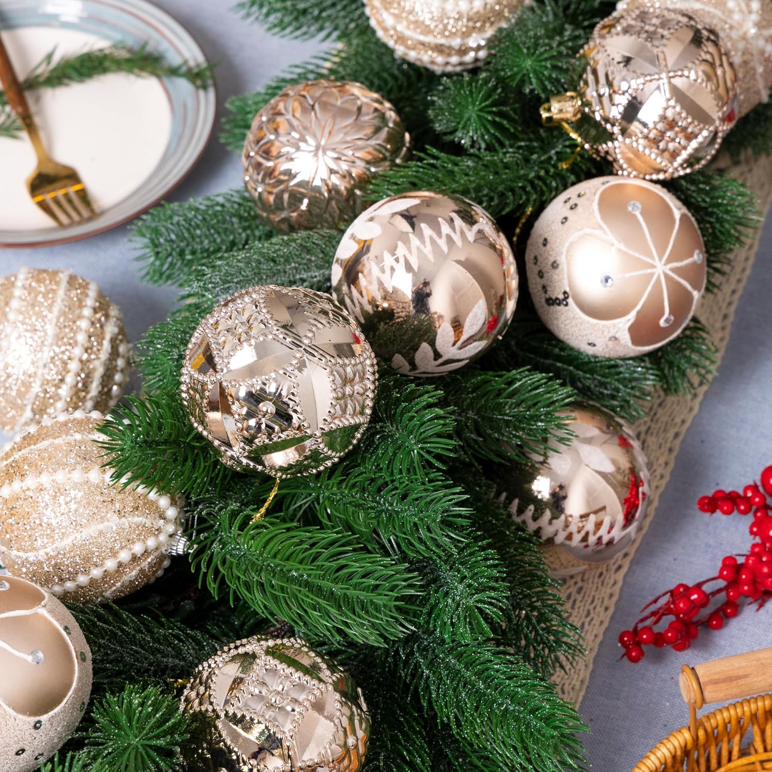 16 PCS Christmas Ornaments Set, 3.15-Inch Glitter Christmas Hanging Balls, Decorative Hanging Ornament Decorations, Xmas Shatterproof Plastic Balls for Holiday Party Wreath Garlands Trees, Champagne - Image 7