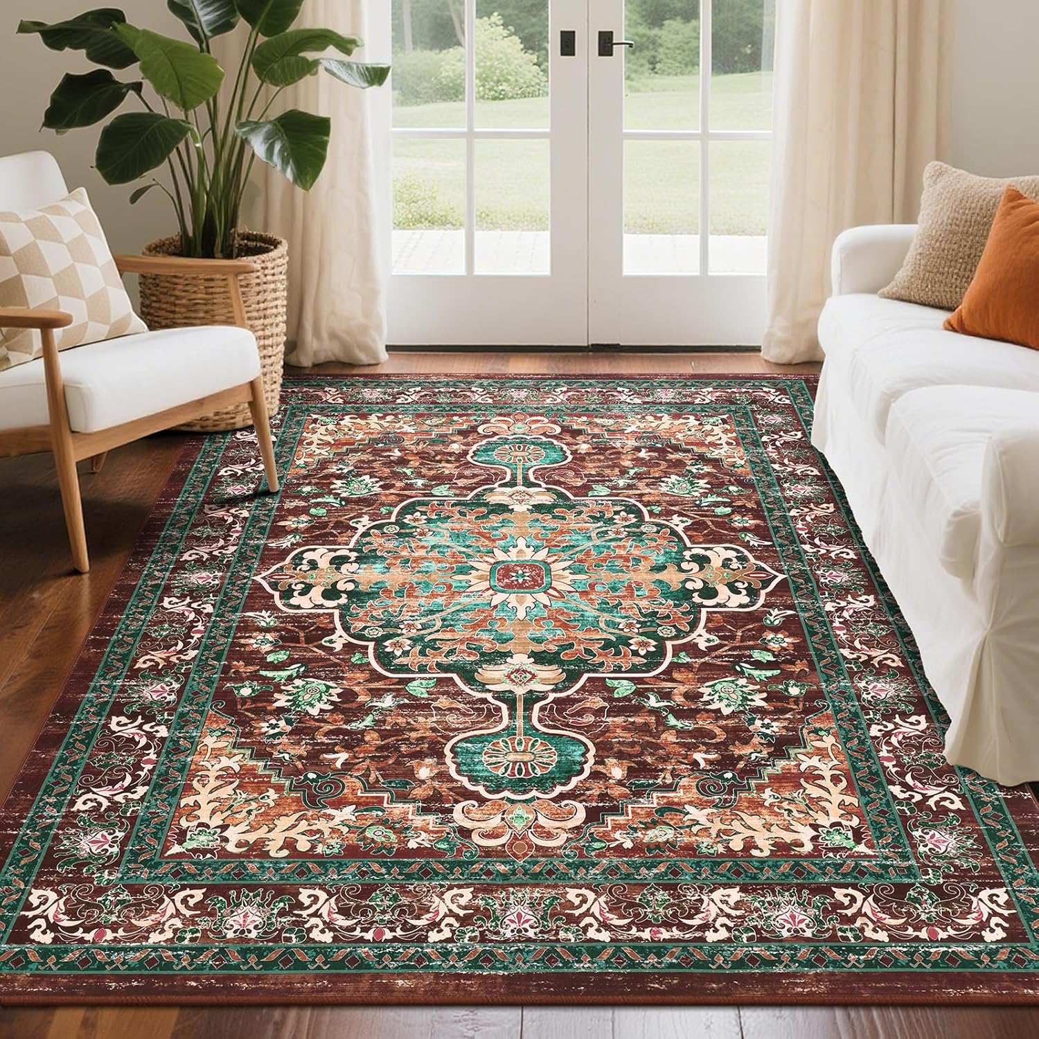 U'Artlines Boho Vintage Area Rug 4x6 ft Machine Washable Low Pile Soft Floor Carpet Non Slip Non Shedding Accent Rug for Living Room Bedroom Entryway Dining Room Office Rust&Teal
