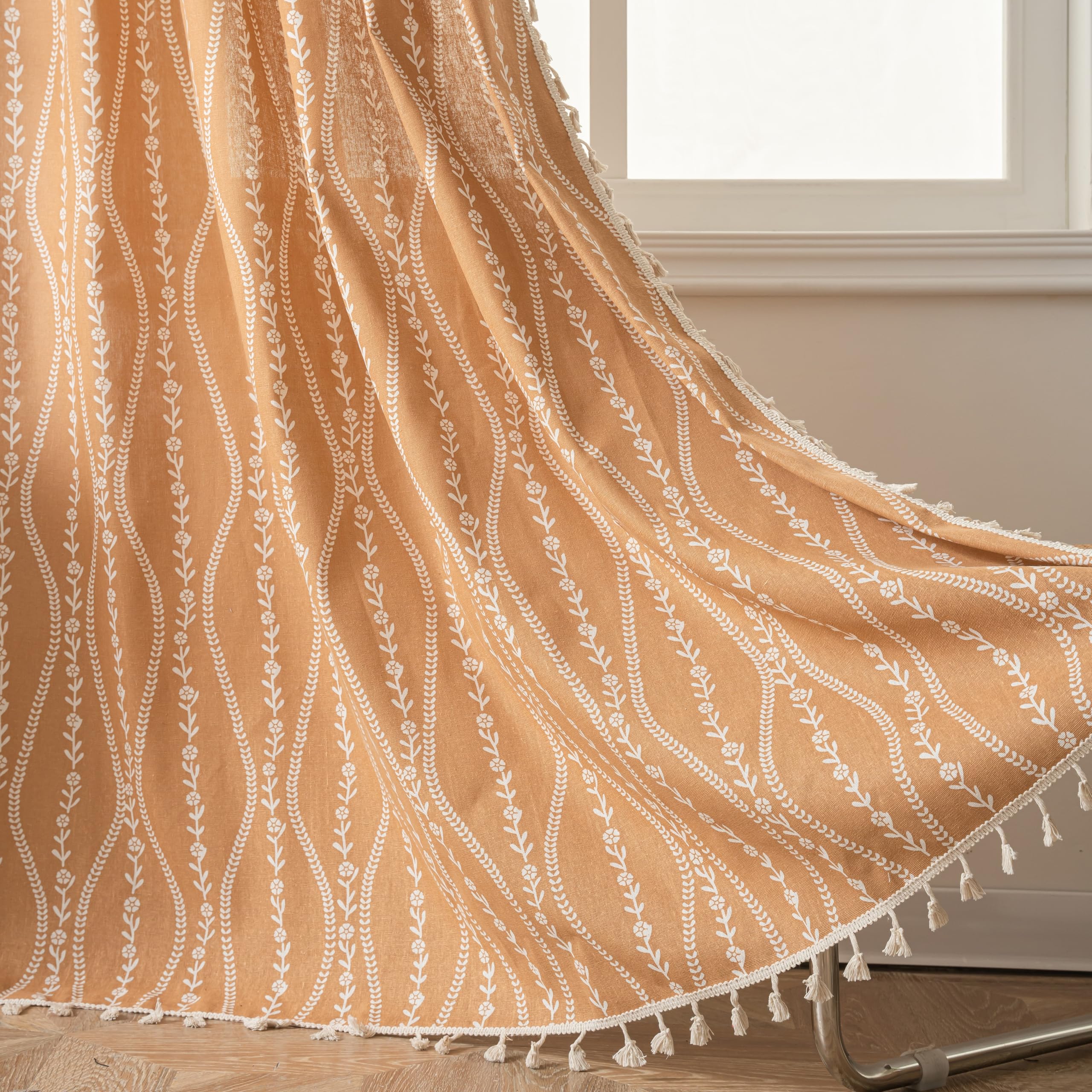 Sutuo Home - Boho Printed Cotton Linen Curtain Panel Vintage Rod Pocket Bedroom Dining Room Curtains 1 Panel W59 x L96 Inch (Floral Stripe Print, Terracotta) — image 1