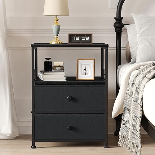Miniatura 3 de EnHomee Mesita de noche de 17.8 pulgadas de ancho, mesa auxiliar con cajones de tela y estante de madera abierto, red de seguridad en 2 lados de la