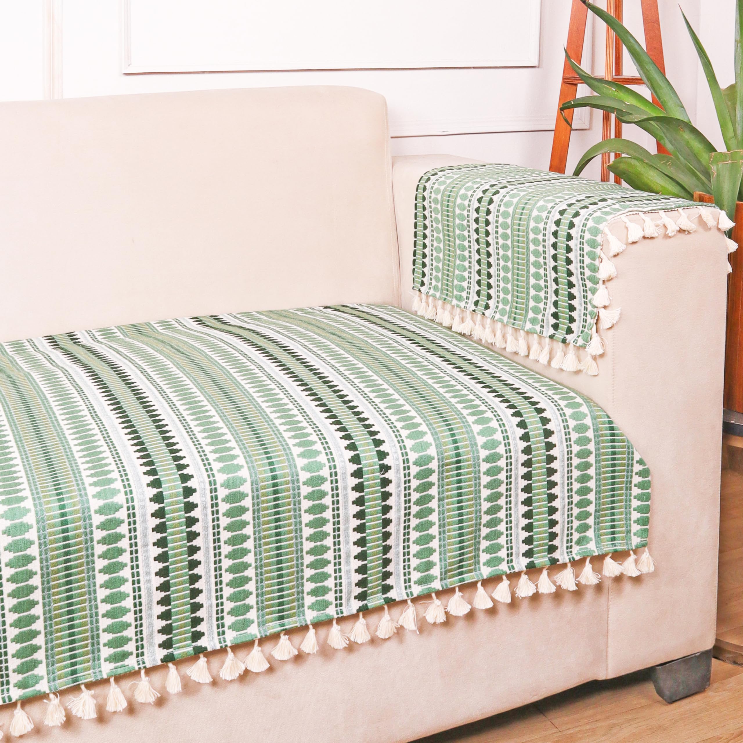 STITCHNEST Woven 2 Seater Sofa Protector with 2 Hand Rest Covers – Green & White Stripe Design – Washable Fabric with Tassels – Stylish Sofa Cover for Modern Living Room & Furniture Décor