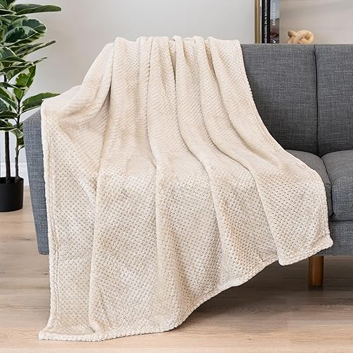 PAVILIA Beige Cream Throw Blanket for Couch Bed, Soft Fleece