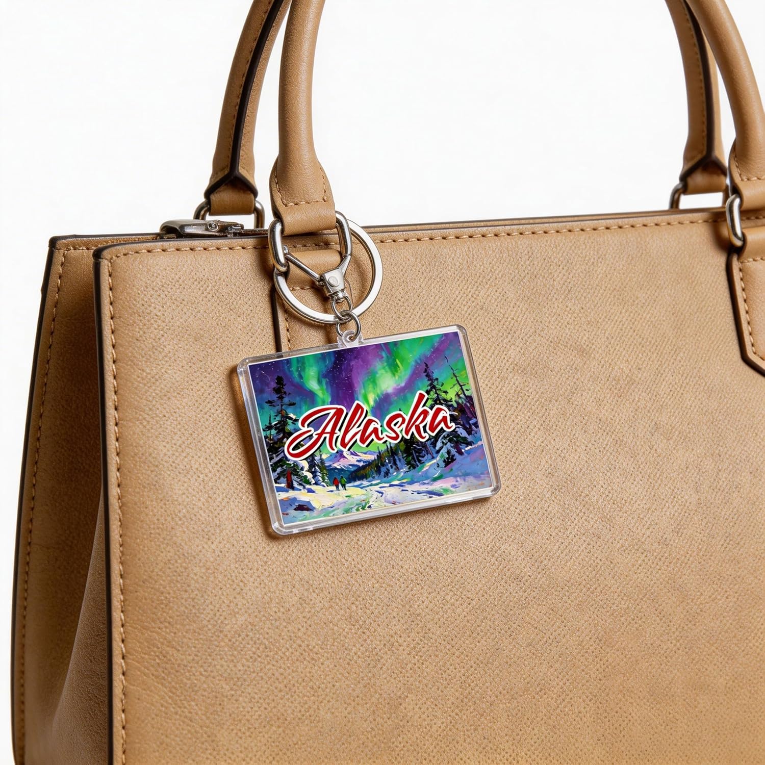 Alaska Keychain, Acrylic, 1.97 x 1.57 Inches, Aurora Borealis Winter Scene, Lightweight Souvenir Bag Charm