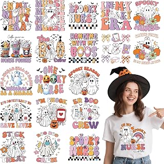 20 Sheets Spooky Nurse Halloween Iron on Transfers for T-Shirts, Cute Ghost Nurse DTF Transfers Ready to Press Heat Transfers Vinyl, Iron on Decals for Clothes Bag Pillow Covers DIY Crafts