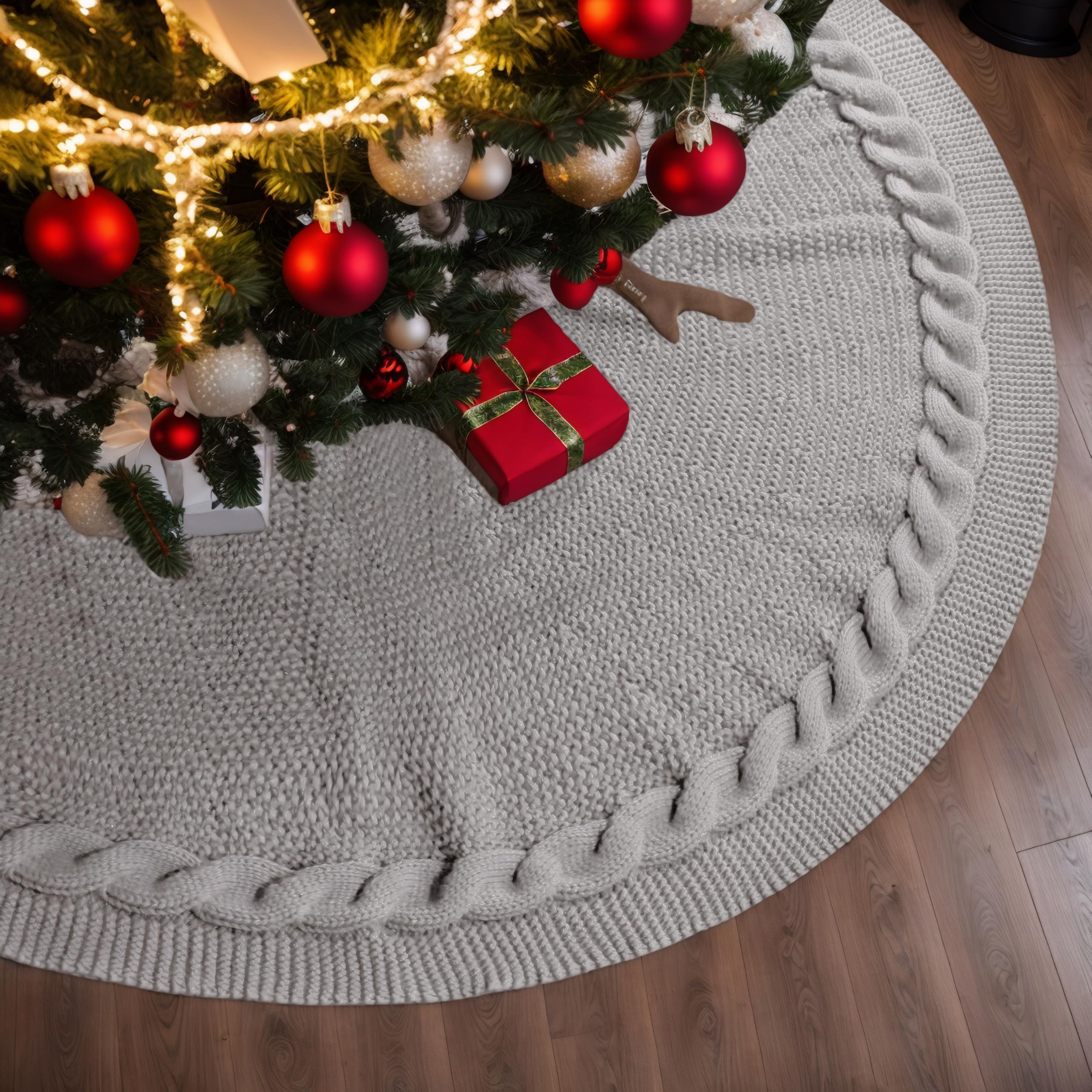 Christmas Tree Skirt,36 inches Grey Knitted Tree Skirt,Thick Yarn Kint Tree Skirt,Pencil Chirstmas Tree Decor,Christmas Tree Decoration for 4ft 5ft 6ft Tree