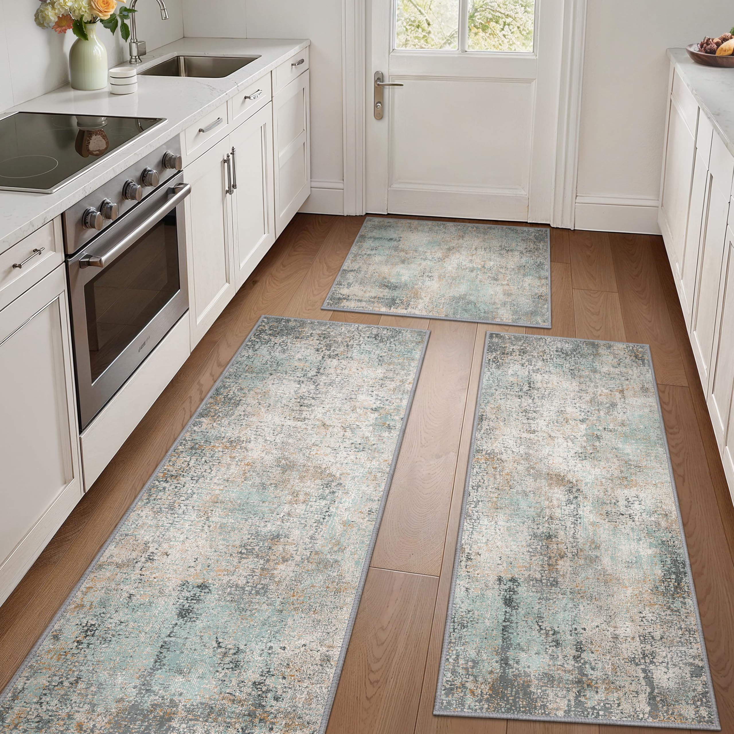 GENIMO Kitchen Rugs Sets of 3 Non Slip Washable Kitchen Mats for Floor, Waterproof Abstract Kitchen Runner Rug, Floor Mat Carpet for Hallway, Laundry,