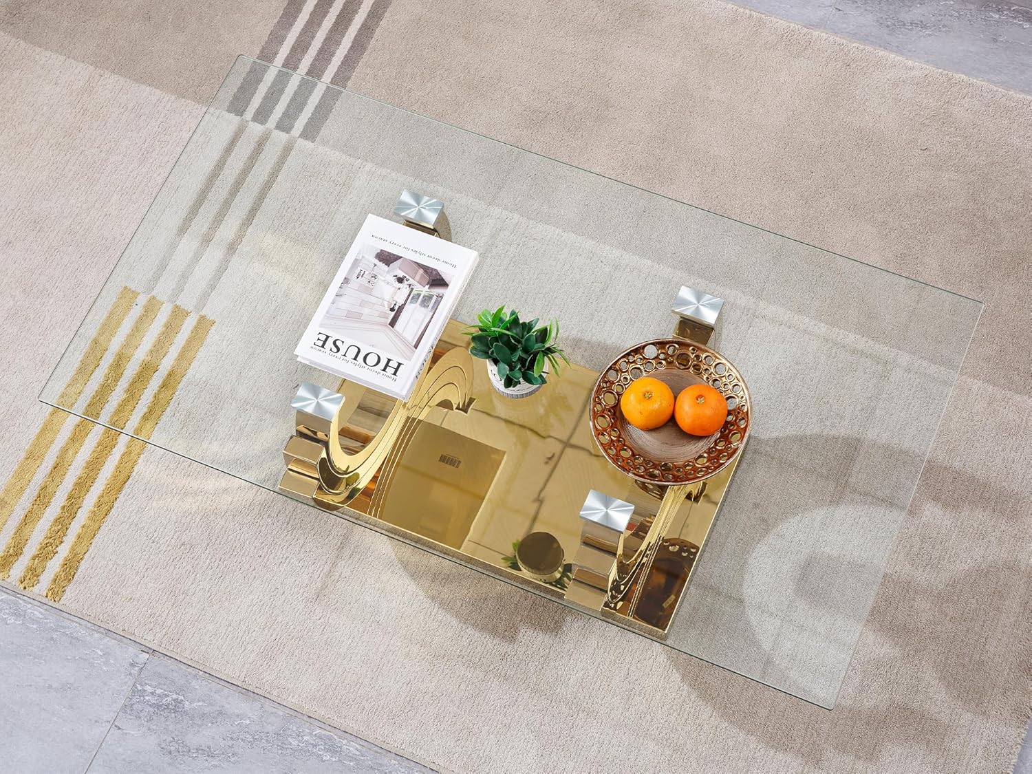 Elegant 1 Piece Living Room Coffee Table Luxury Gold Glass Coffee Table with Three Ring-Shape Stainless Steel Base for Living Room Bedroom Office (1 Coffee Table)