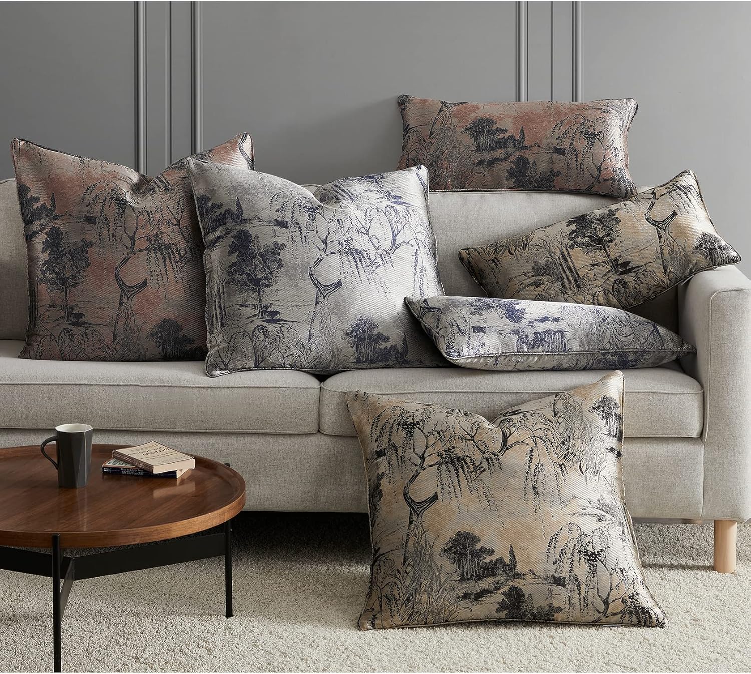 HiEnd Accents Pastoral Jacquard Euro Sham Pillow Cover, 27x27 inch, Silver Metallic Tree Floral Abstract Pattern, Modern Style Luxury Bedding