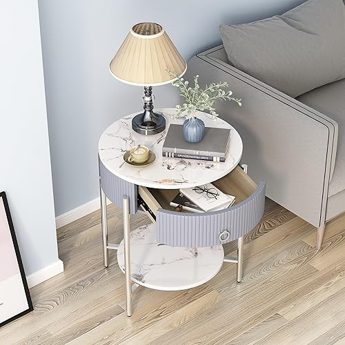 Miniatura 3 de OIOG Mesa auxiliar redonda con cajón, moderna mesita de noche con estante y patas de metal con acabado cromado, mesa auxiliar de 2 niveles para sala