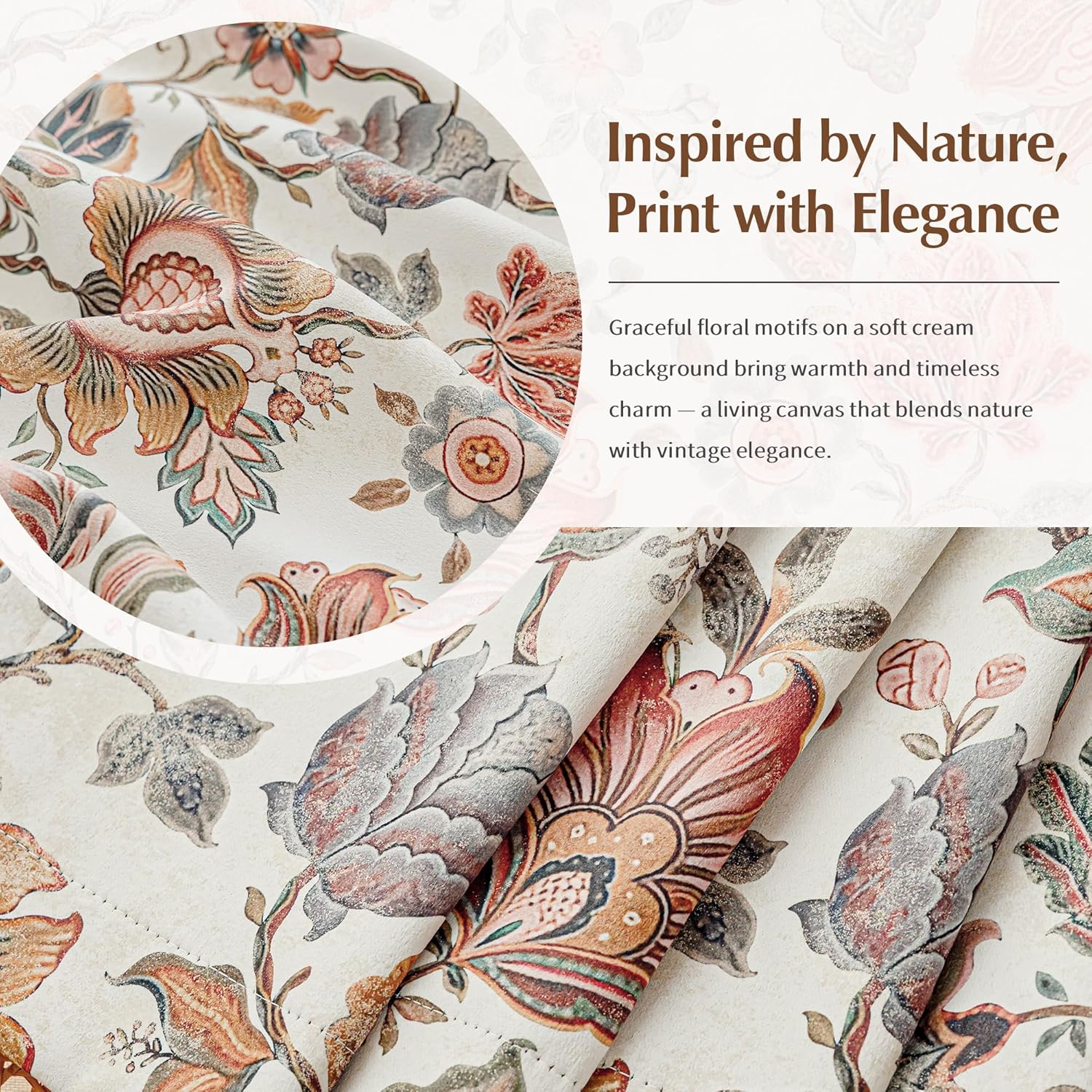 FMFUNCTEX 100% Boho Blackout Floral Curtains for Bedroom, Vintage Flower Patterned Beige Curtains 84 Inches Long for Living Room Darkening Thermal Insulated Grommet Window Farmhose Drapes 2 Panels